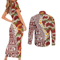 Hawaiian Plumeria Lei Couples Matching Short Sleeve Bodycon Dress and Long Sleeve Button Shirt Kakau Motifs and Palaka Half Style Red Color - Polynesian Pride