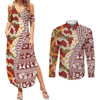 Hawaiian Plumeria Lei Couples Matching Summer Maxi Dress and Long Sleeve Button Shirt Kakau Motifs and Palaka Half Style Red Color - Polynesian Pride