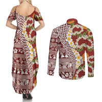 Hawaiian Plumeria Lei Couples Matching Summer Maxi Dress and Long Sleeve Button Shirt Kakau Motifs and Palaka Half Style Red Color - Polynesian Pride