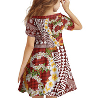 Hawaiian Plumeria Lei Family Matching Long Sleeve Bodycon Dress and Hawaiian Shirt Kakau Motifs and Palaka Half Style Red Color - Polynesian Pride