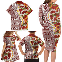 Hawaiian Plumeria Lei Family Matching Long Sleeve Bodycon Dress and Hawaiian Shirt Kakau Motifs and Palaka Half Style Red Color - Polynesian Pride