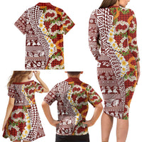 Hawaiian Plumeria Lei Family Matching Long Sleeve Bodycon Dress and Hawaiian Shirt Kakau Motifs and Palaka Half Style Red Color - Polynesian Pride