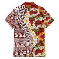 Hawaiian Plumeria Lei Family Matching Long Sleeve Bodycon Dress and Hawaiian Shirt Kakau Motifs and Palaka Half Style Red Color - Polynesian Pride