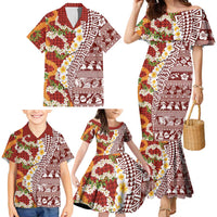 Hawaiian Plumeria Lei Family Matching Mermaid Dress and Hawaiian Shirt Kakau Motifs and Palaka Half Style Red Color - Polynesian Pride