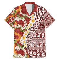 Hawaiian Plumeria Lei Family Matching Mermaid Dress and Hawaiian Shirt Kakau Motifs and Palaka Half Style Red Color - Polynesian Pride