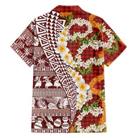 Hawaiian Plumeria Lei Family Matching Mermaid Dress and Hawaiian Shirt Kakau Motifs and Palaka Half Style Red Color - Polynesian Pride