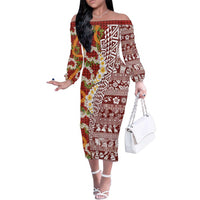 Hawaiian Plumeria Lei Family Matching Off The Shoulder Long Sleeve Dress and Hawaiian Shirt Kakau Motifs and Palaka Half Style Red Color - Polynesian Pride