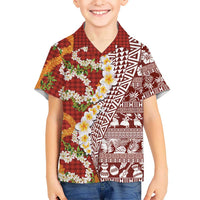 Hawaiian Plumeria Lei Family Matching Off The Shoulder Long Sleeve Dress and Hawaiian Shirt Kakau Motifs and Palaka Half Style Red Color - Polynesian Pride