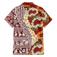 Hawaiian Plumeria Lei Family Matching Off Shoulder Maxi Dress and Hawaiian Shirt Kakau Motifs and Palaka Half Style Red Color - Polynesian Pride