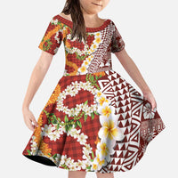 Hawaiian Plumeria Lei Family Matching Off Shoulder Short Dress and Hawaiian Shirt Kakau Motifs and Palaka Half Style Red Color - Polynesian Pride