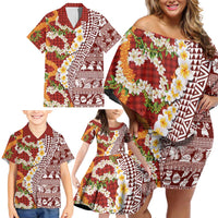 Hawaiian Plumeria Lei Family Matching Off Shoulder Short Dress and Hawaiian Shirt Kakau Motifs and Palaka Half Style Red Color - Polynesian Pride