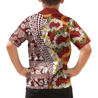 Hawaiian Plumeria Lei Family Matching Tank Maxi Dress and Hawaiian Shirt Kakau Motifs and Palaka Half Style Red Color - Polynesian Pride