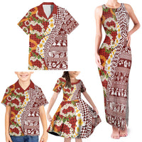 Hawaiian Plumeria Lei Family Matching Tank Maxi Dress and Hawaiian Shirt Kakau Motifs and Palaka Half Style Red Color - Polynesian Pride
