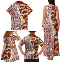Hawaiian Plumeria Lei Family Matching Tank Maxi Dress and Hawaiian Shirt Kakau Motifs and Palaka Half Style Red Color - Polynesian Pride