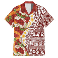 Hawaiian Plumeria Lei Family Matching Tank Maxi Dress and Hawaiian Shirt Kakau Motifs and Palaka Half Style Red Color - Polynesian Pride