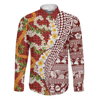 Hawaiian Plumeria Lei Family Matching Tank Maxi Dress and Hawaiian Shirt Kakau Motifs and Palaka Half Style Red Color - Polynesian Pride
