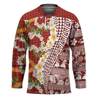 Hawaiian Plumeria Lei Hockey Jersey Kakau Motifs and Palaka Half Style Red Color - Polynesian Pride