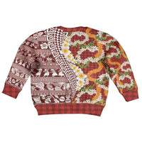 Hawaiian Plumeria Lei Kid Ugly Christmas Sweater Kakau Motifs and Palaka Half Style Red Color - Polynesian Pride