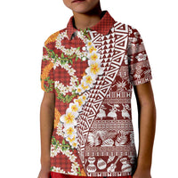 Hawaiian Plumeria Lei Kid Polo Shirt Kakau Motifs and Palaka Half Style Red Color - Polynesian Pride