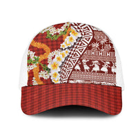 Hawaiian Plumeria Lei Mesh Trucker Cap Kakau Motifs and Palaka Half Style Red Color LT03 One Size White Red - Polynesian Pride