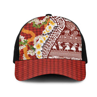 Hawaiian Plumeria Lei Mesh Trucker Cap Kakau Motifs and Palaka Half Style Red Color LT03 One Size Black Red - Polynesian Pride