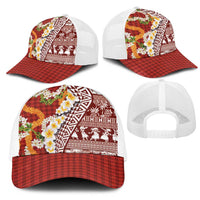Hawaiian Plumeria Lei Mesh Trucker Cap Kakau Motifs and Palaka Half Style Red Color LT03 - Polynesian Pride