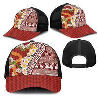 Hawaiian Plumeria Lei Mesh Trucker Cap Kakau Motifs and Palaka Half Style Red Color LT03 - Polynesian Pride
