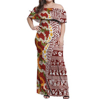Hawaiian Plumeria Lei Off Shoulder Maxi Dress Kakau Motifs and Palaka Half Style Red Color - Polynesian Pride