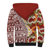 Hawaiian Plumeria Lei Sherpa Hoodie Kakau Motifs and Palaka Half Style Red Color - Polynesian Pride