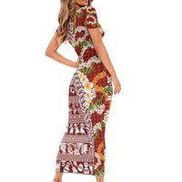 Hawaiian Plumeria Lei Short Sleeve Bodycon Dress Kakau Motifs and Palaka Half Style Red Color - Polynesian Pride