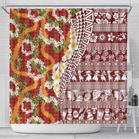 Hawaiian Plumeria Lei Shower Curtain Kakau Motifs and Palaka Half Style Red Color - Polynesian Pride