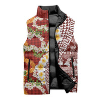 Hawaiian Plumeria Lei Sleeveless Puffer Jacket Kakau Motifs and Palaka Half Style Red Color LT03 - Polynesian Pride