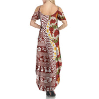 Hawaiian Plumeria Lei Summer Maxi Dress Kakau Motifs and Palaka Half Style Red Color LT03 - Polynesian Pride