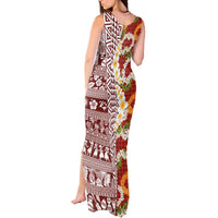 Hawaiian Plumeria Lei Tank Maxi Dress Kakau Motifs and Palaka Half Style Red Color - Polynesian Pride