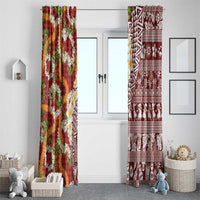 Hawaiian Plumeria Lei Window Curtain Kakau Motifs and Palaka Half Style Red Color - Polynesian Pride