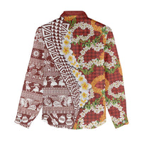 Hawaiian Plumeria Lei Women Casual Shirt Kakau Motifs and Palaka Half Style Red Color - Polynesian Pride