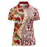 Hawaiian Plumeria Lei Women Polo Shirt Kakau Motifs and Palaka Half Style Red Color LT03 Female Red - Polynesian Pride
