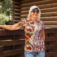 Hawaiian Plumeria Lei Women Polo Shirt Kakau Motifs and Palaka Half Style Red Color - Polynesian Pride