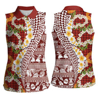 Hawaiian Plumeria Lei Women Sleeveless Polo Shirt Kakau Motifs and Palaka Half Style Red Color - Polynesian Pride