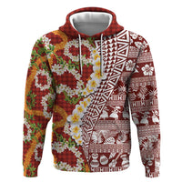 Hawaiian Plumeria Lei Zip Hoodie Kakau Motifs and Palaka Half Style Red Color LT03 Pullover Hoodie Red - Polynesian Pride