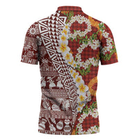 Hawaiian Plumeria Lei Zipper Polo Shirt Kakau Motifs and Palaka Half Style Red Color - Polynesian Pride