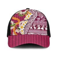 Hawaiian Plumeria Lei Baseball Net Cap Kakau Motifs and Palaka Half Style Pink Color LT03 One Size Black Pink - Polynesian Pride