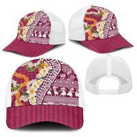 Hawaiian Plumeria Lei Baseball Net Cap Kakau Motifs and Palaka Half Style Pink Color LT03 - Polynesian Pride