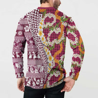 Hawaiian Plumeria Lei Button Sweatshirt Kakau Motifs and Palaka Half Style Pink Color LT03 - Polynesian Pride