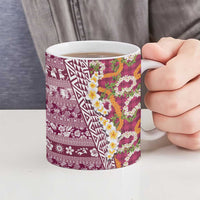 Hawaiian Plumeria Lei Ceramic Mug Kakau Motifs and Palaka Half Style Pink Color LT03 - Polynesian Pride