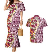 Hawaiian Plumeria Lei Couples Matching Mermaid Dress and Hawaiian Shirt Kakau Motifs and Palaka Half Style Pink Color - Polynesian Pride