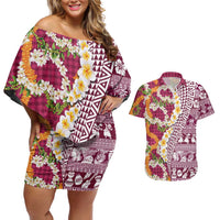Hawaiian Plumeria Lei Couples Matching Off Shoulder Short Dress and Hawaiian Shirt Kakau Motifs and Palaka Half Style Pink Color - Polynesian Pride