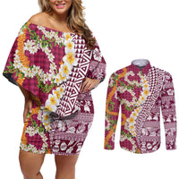 Hawaiian Plumeria Lei Couples Matching Off Shoulder Short Dress and Long Sleeve Button Shirt Kakau Motifs and Palaka Half Style Pink Color - Polynesian Pride