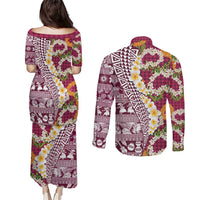 Hawaiian Plumeria Lei Couples Matching Puletasi and Long Sleeve Button Shirt Kakau Motifs and Palaka Half Style Pink Color - Polynesian Pride