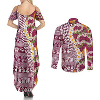 Hawaiian Plumeria Lei Couples Matching Summer Maxi Dress and Long Sleeve Button Shirt Kakau Motifs and Palaka Half Style Pink Color - Polynesian Pride